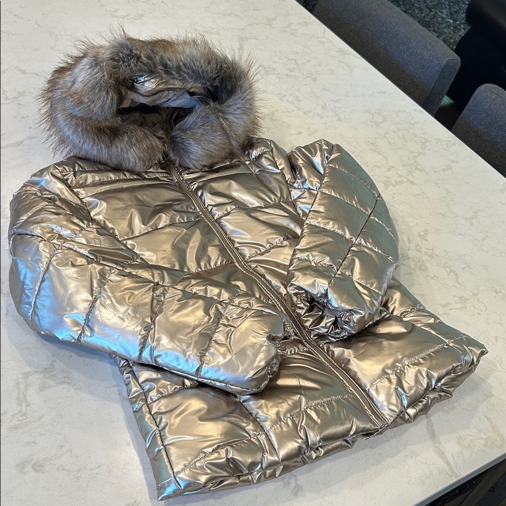 Puffer Jacket Winter Women Warm Quilted Bubble Fur Hood Coat Medium Gold Shimmer - Picture 16 of 16